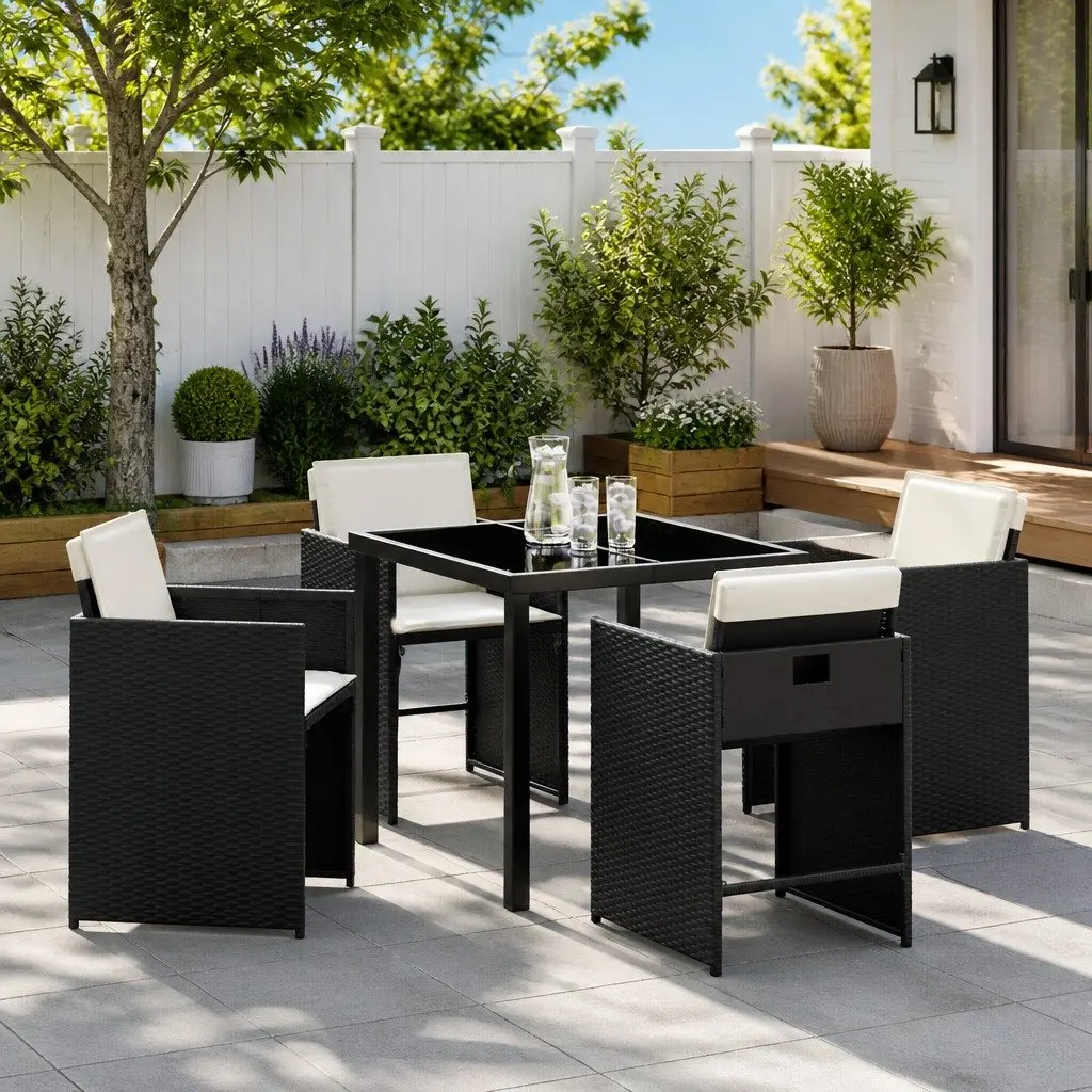 5 Piece Outdoor Dining Furniture Set for Garden Black Poly Rattan Patio Table and Chairs