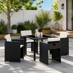 Black Poly Rattan 5-Piece Dining Set with Glass Top