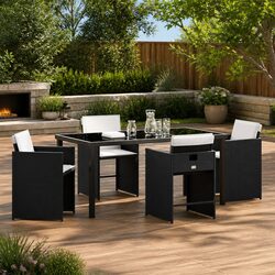 5-Piece Garden Dining Set: Black Poly Rattan & Glass