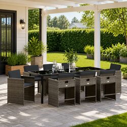 Specifications of Garden Dining Set: 9 Pieces Grey Poly Rattan