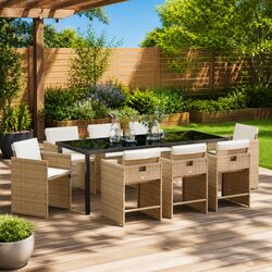 Garden Dining Set 9 Pieces Outdoor Furniture Patio Beige Poly Rattan Table