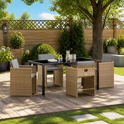 5-Piece Garden Dining Set Featuring Poly Rattan Chairs and Glass Top