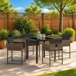 Garden Dining Set 5 Pieces Grey Poly Rattan with Glass Table Outdoor Patio