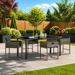 5-Piece Grey Dining Set: Poly Rattan, Steel Frame, Cushions