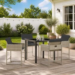 5-Piece Light Grey Outdoor Dining Set with Dimensions and Materials