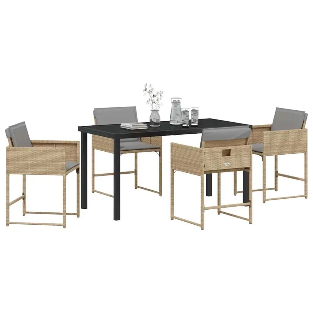 Garden Dining Set 5 Pieces Outdoor Patio Furniture Beige Poly Rattan Glass Table