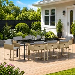 Garden Dining Set 9 Piece Outdoor Patio Furniture Beige Poly Rattan Table Chairs