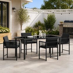 Black Poly Rattan 5-Piece Dining Set with Glass Table