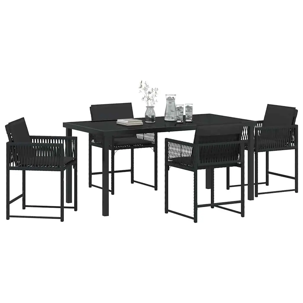 Black Poly Rattan 5-Piece Dining Set with Glass Table