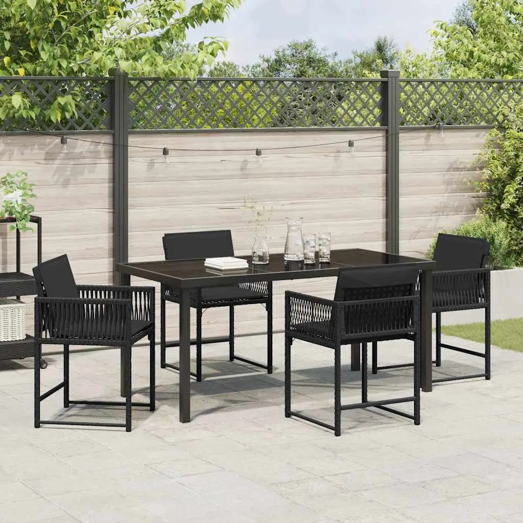 Black Poly Rattan 5-Piece Dining Set with Glass Table