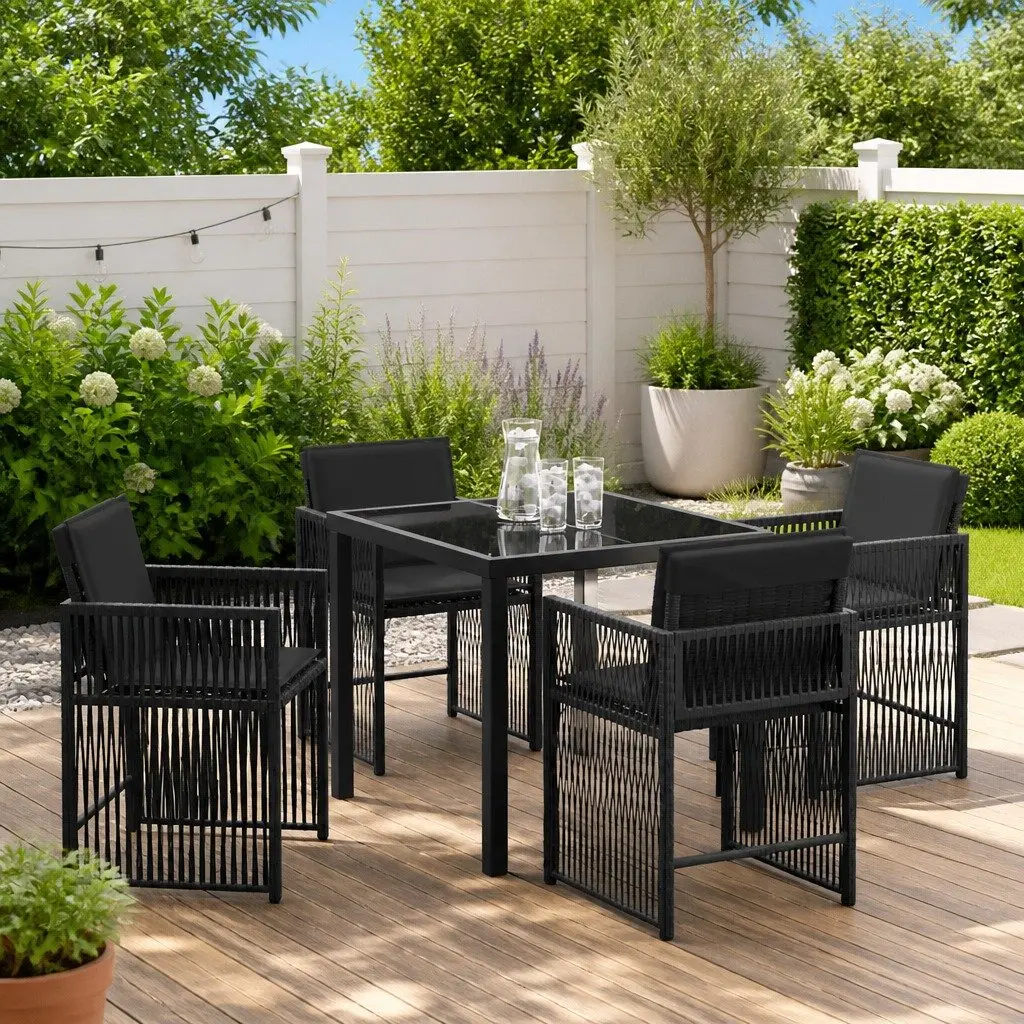 Garden Dining Set 5 Pieces Outdoor Use Black Poly Rattan Table and Chairs