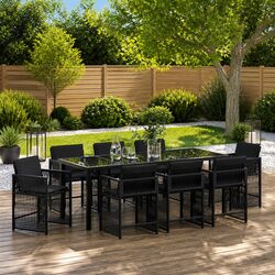 9-Piece Garden Dining Set: Black Poly Rattan with Glass
