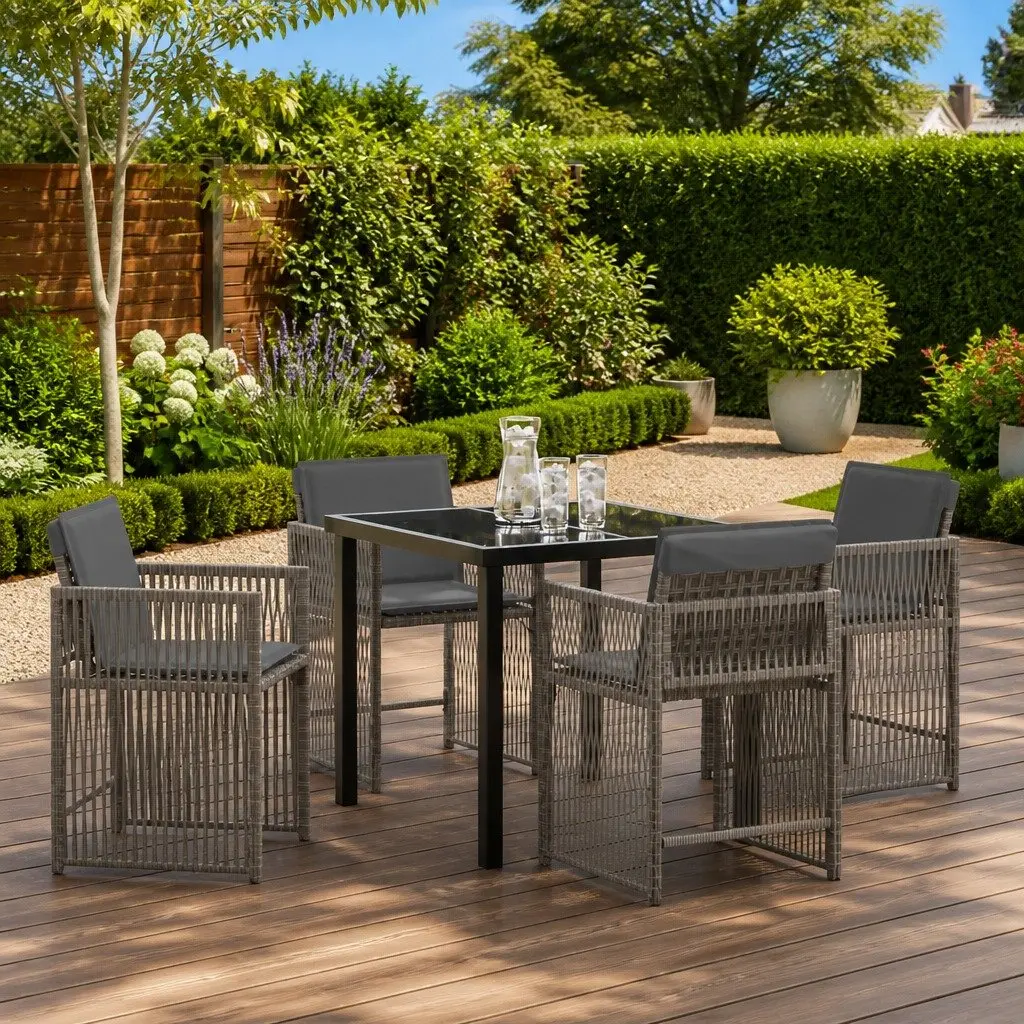 Garden Dining Set 5 Piece Outdoor Furniture Grey Poly Rattan Patio Table Chairs