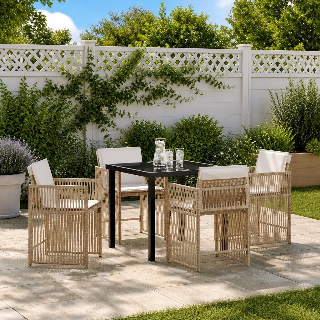 Garden Dining Set 5 Pieces Beige Outdoor Furniture Poly Rattan Table Chairs