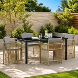 5-Piece Garden Dining Set: Poly Rattan, Glass Top, Beige