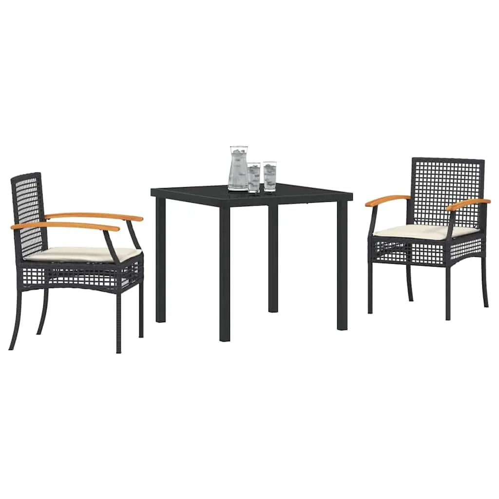 Garden Dining Set Outdoor Use 3 Piece Black Rattan Chairs Glass Table