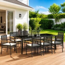 Garden Dining Set: 9 Pieces, Black Glass Table & Rattan Chairs