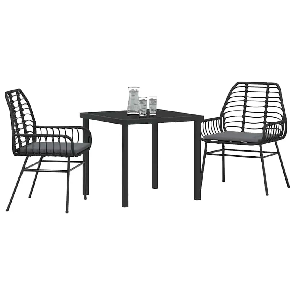 Outdoor Garden Dining Set 3 Piece Black Poly Rattan Patio Furniture Glass Table