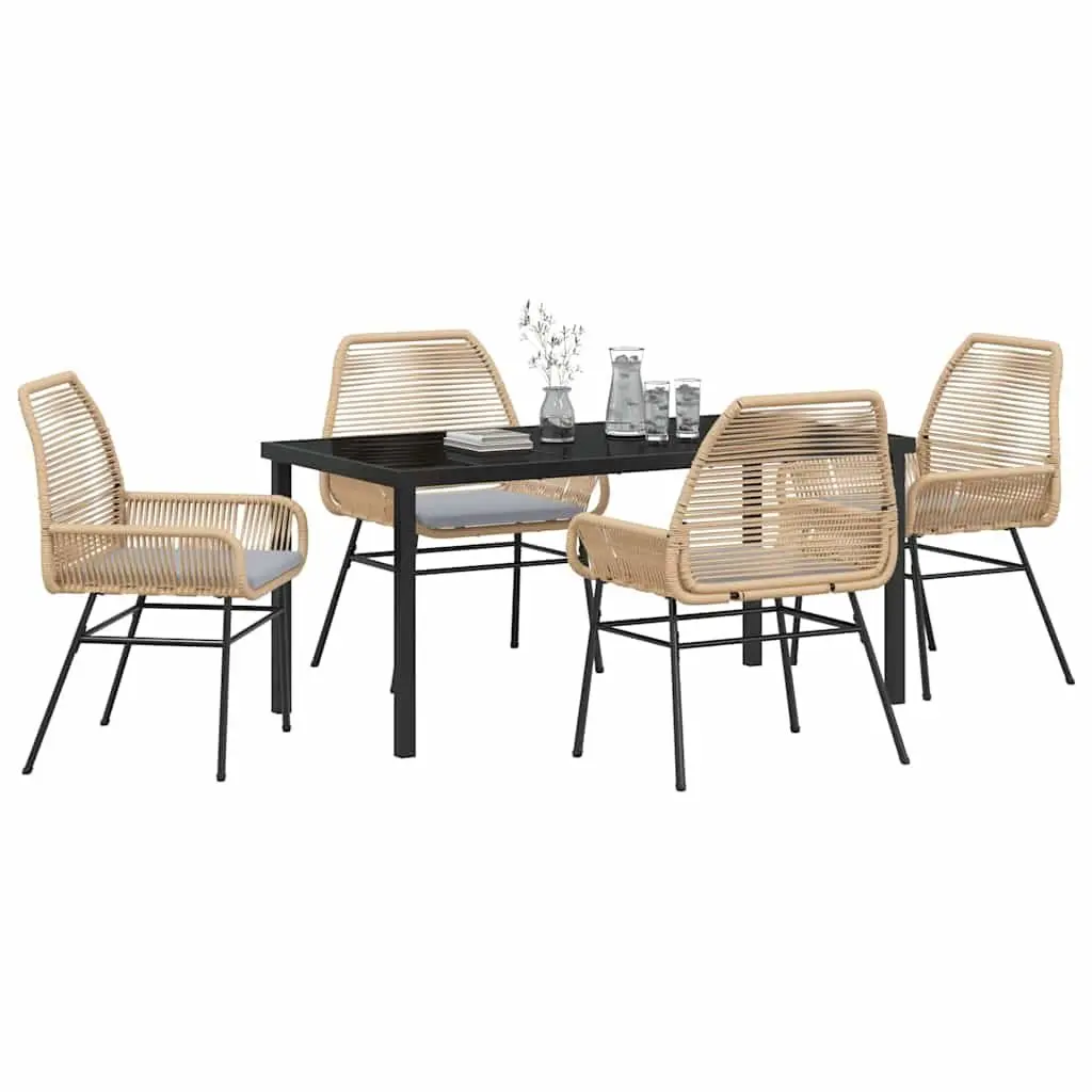 5-Piece Outdoor Garden Dining Set Brown Poly Rattan Table Chairs with Cushions