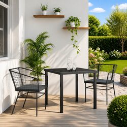 3 Piece Outdoor Dining Set: Black Poly Rattan & Glass Table