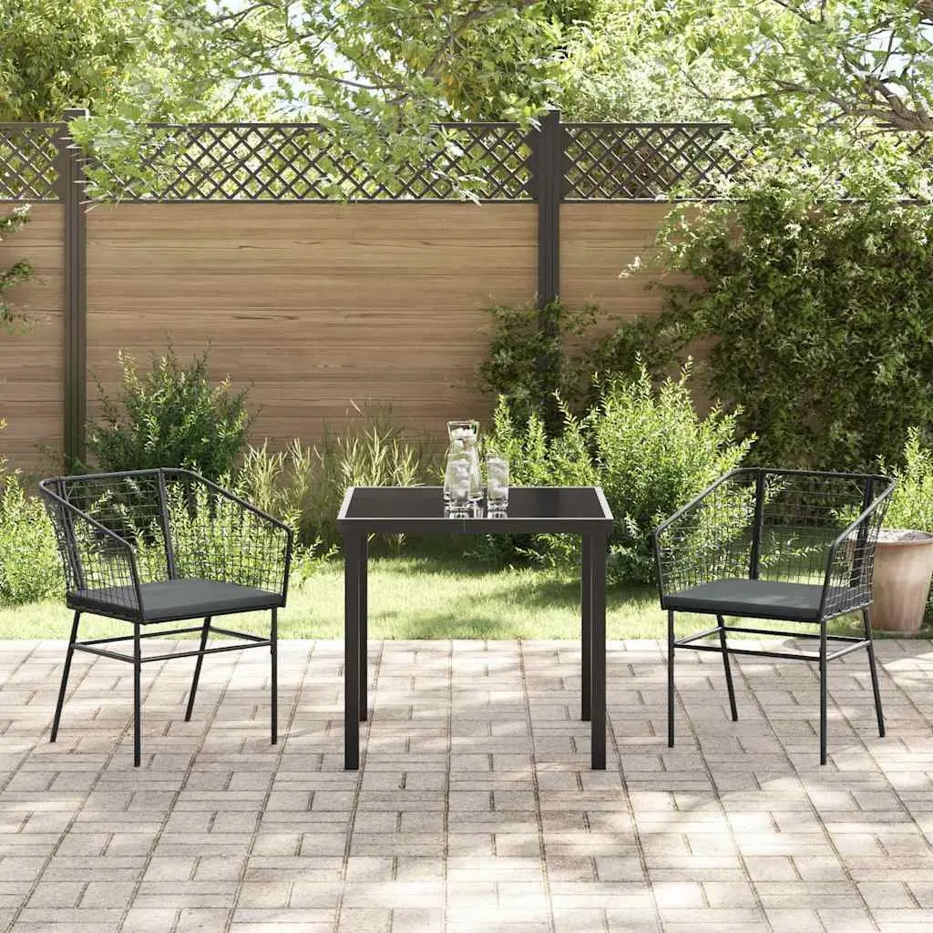 Outdoor Dining Set 3 Piece Black Poly Rattan Garden Furniture with Glass Table