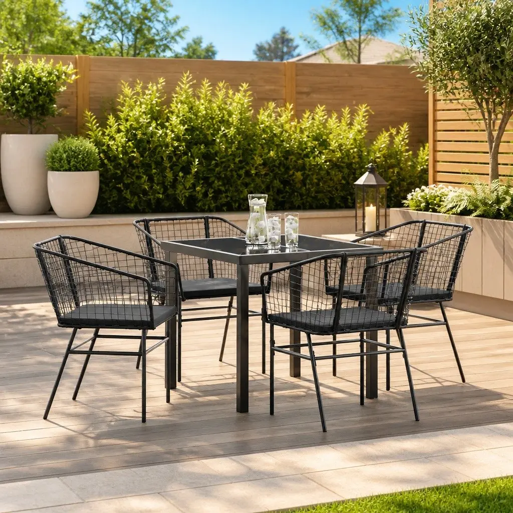 Outdoor Dining Set 5 Piece Black Poly Rattan Garden Furniture Patio