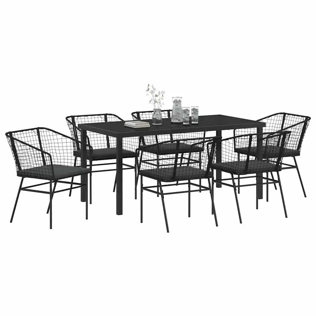 Outdoor Dining Set 7 Pieces Garden Patio Furniture Black Poly Rattan Glass Table