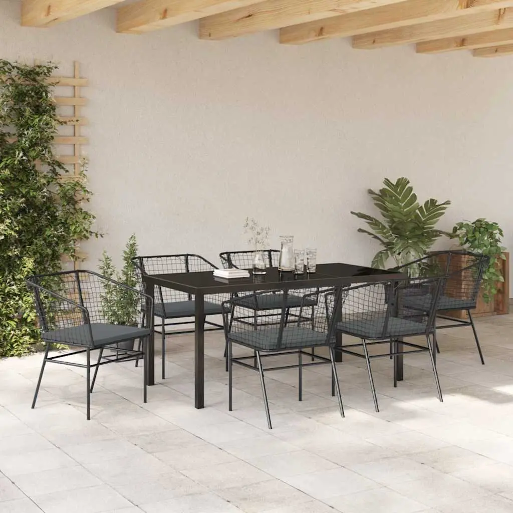 Outdoor Dining Set 7 Pieces Garden Patio Furniture Black Poly Rattan Glass Table