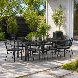 9-Piece Dining Set: Black Poly Rattan & Glass Top
