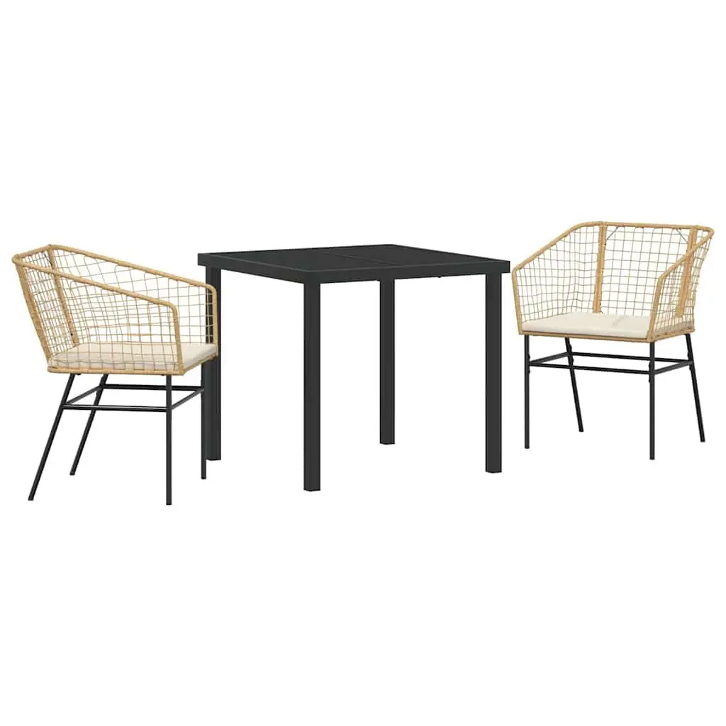 Garden Dining Set Outdoor Use 3 Pieces Brown Poly Rattan Glass Tabletop