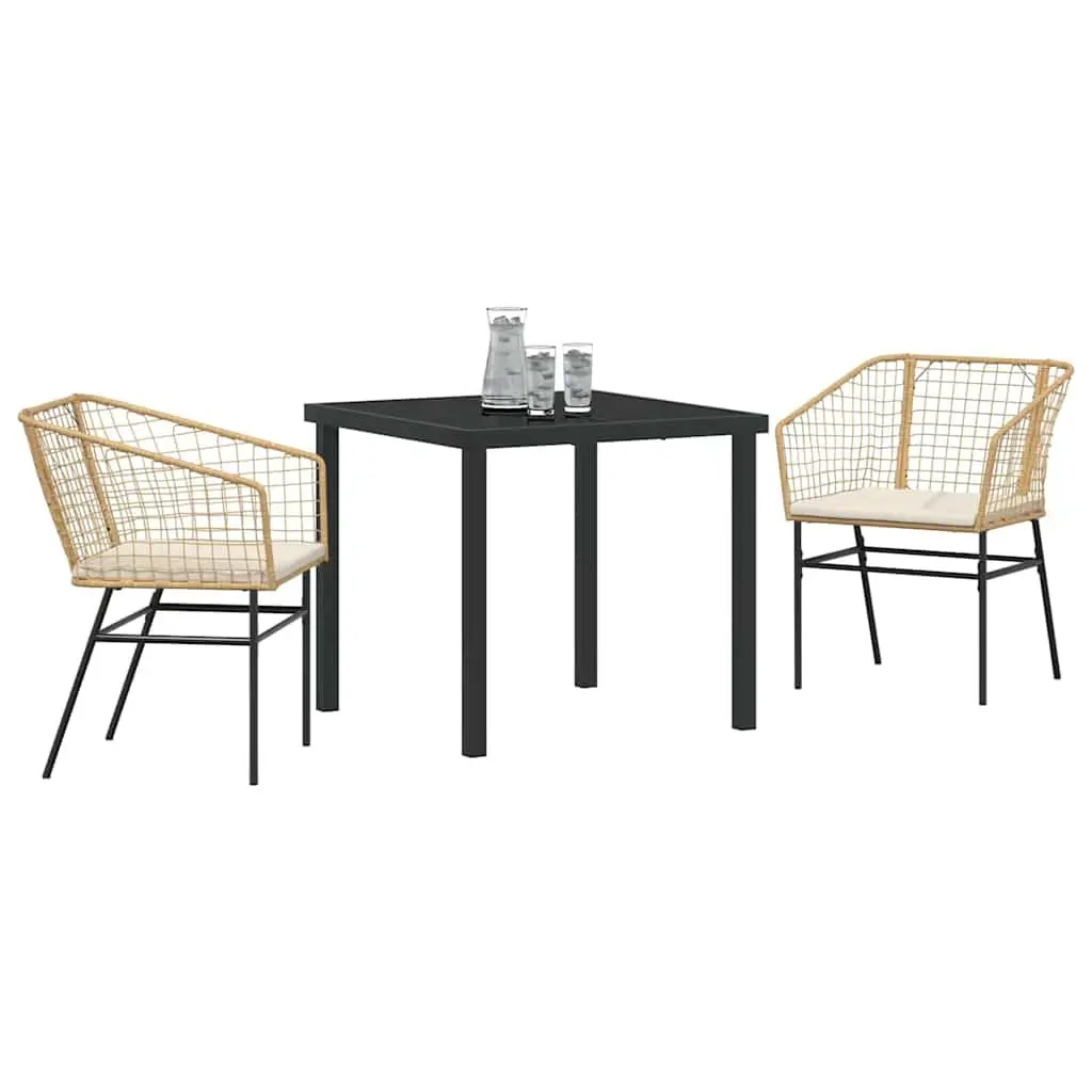Garden Dining Set Outdoor Use 3 Pieces Brown Poly Rattan Glass Tabletop