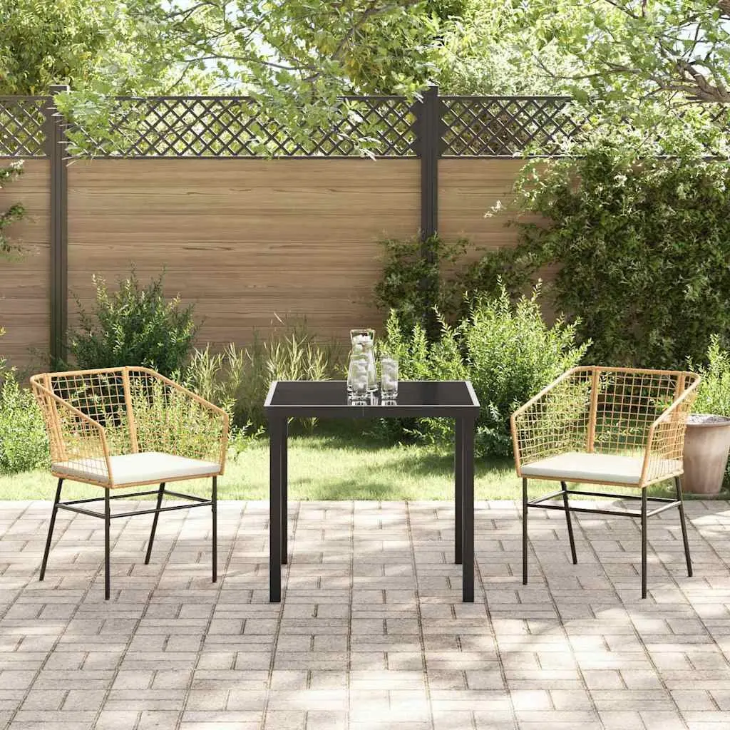Garden Dining Set Outdoor Use 3 Pieces Brown Poly Rattan Glass Tabletop
