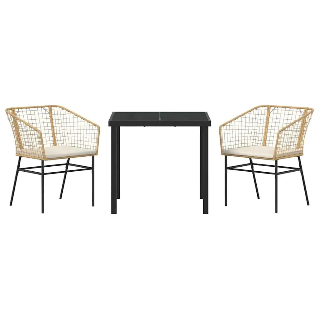 Garden Dining Set Outdoor Use 3 Pieces Brown Poly Rattan Glass Tabletop