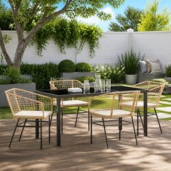 5 Piece Garden Dining Set Poly Rattan Outdoor Furniture Brown Glass Top Patio