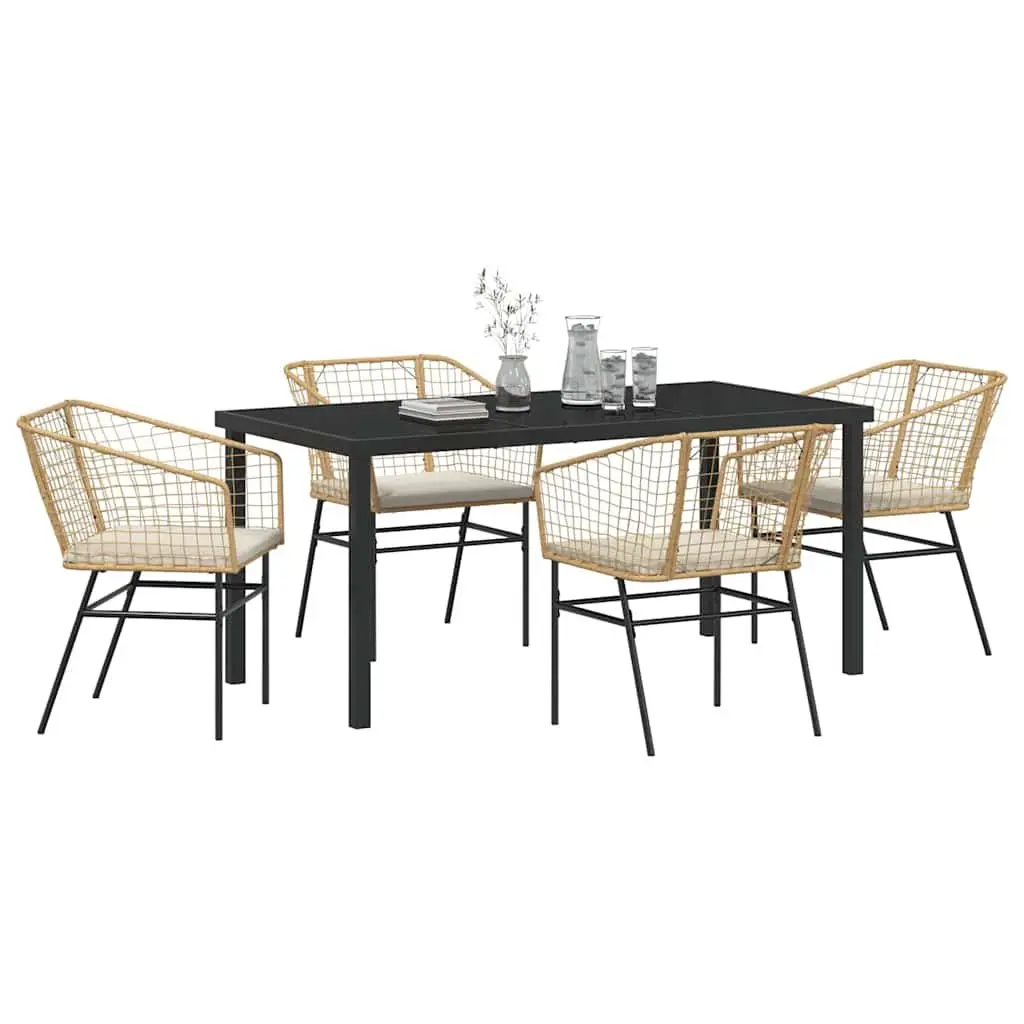 5 Piece Garden Dining Set Poly Rattan Outdoor Furniture Brown Glass Top Patio