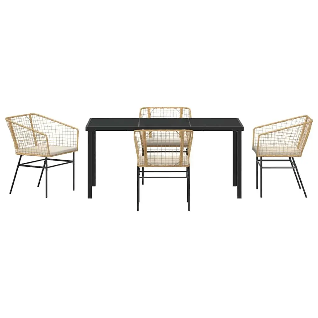 5 Piece Garden Dining Set Poly Rattan Outdoor Furniture Brown Glass Top Patio
