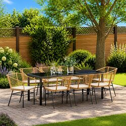 9 Piece Garden Dining Set - Poly Rattan, Brown Finish