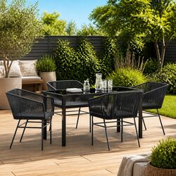 Garden Dining Set 5 Piece Outdoor Furniture Black Steel Frame Tempered Glass