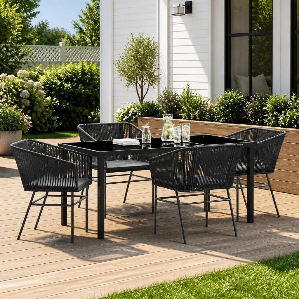 Garden Dining Set 5 Piece Outdoor Furniture Black Steel Frame with Cushions