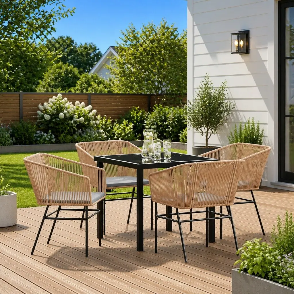 Garden Dining Set 5 Piece Outdoor Furniture Brown Steel Frame Tempered Glass