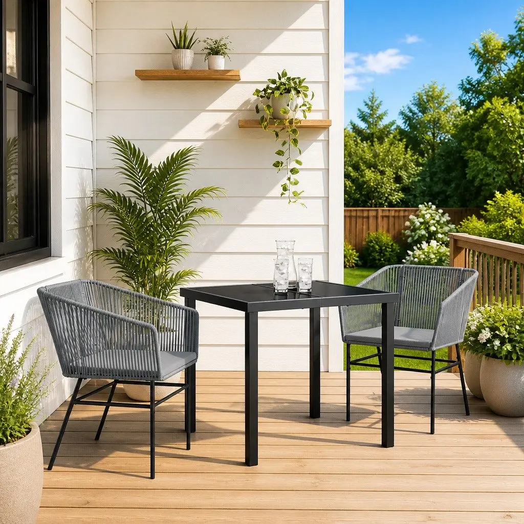 Garden Dining Set Outdoor Use 3 Pieces Grey Powder-Coated Steel Cushion