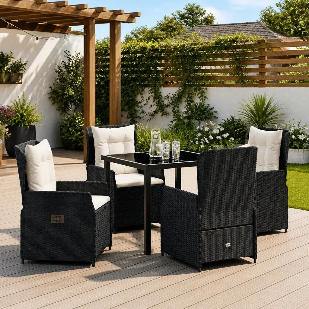 Outdoor Dining Set 5 Piece Garden Furniture Black Poly Rattan Table Chairs