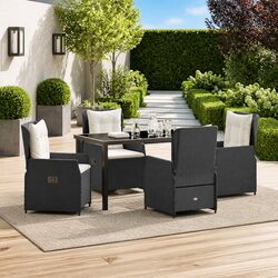 5 Piece Garden Dining Set: Black Poly Rattan, Table & Chairs