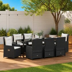 Garden Dining Set: 9 Pieces, Black Poly Rattan, Dimensions Included