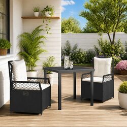 Garden Dining Set 3 Pieces Outdoor Furniture Black Poly Rattan Table Chairs
