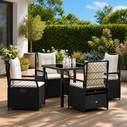 Garden Dining Set: 5 Pieces, Black Poly Rattan Construction