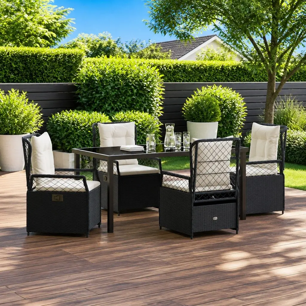 Outdoor Dining Set 5 Piece Garden Furniture Black Poly Rattan Table with Glass Top and Cushioned Chairs