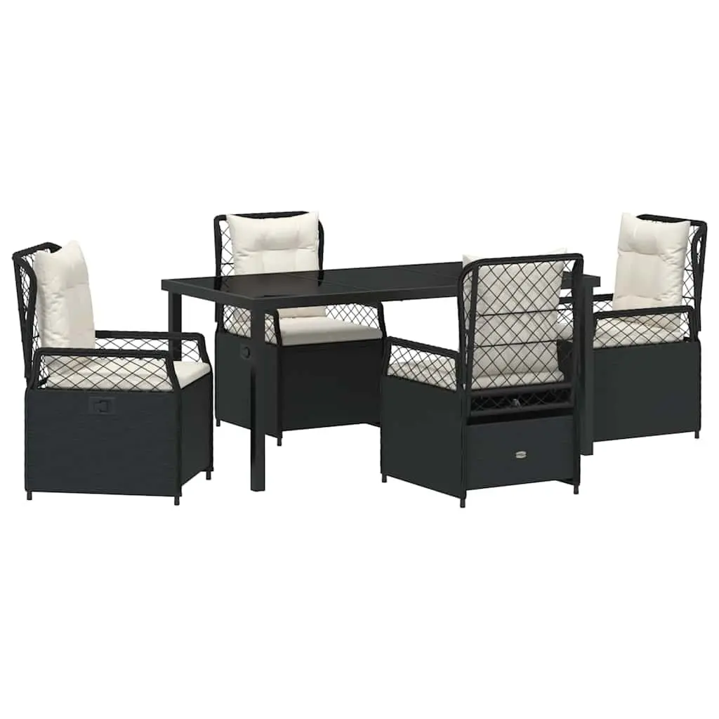 Outdoor Dining Set 5 Piece Garden Furniture Black Poly Rattan Table with Glass Top and Cushioned Chairs