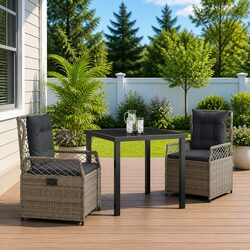 Garden Dining Set: 3-Piece Grey Poly Rattan and Steel