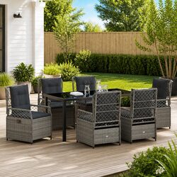 7-Piece Garden Dining Set with Glass Top and Rattan Chairs